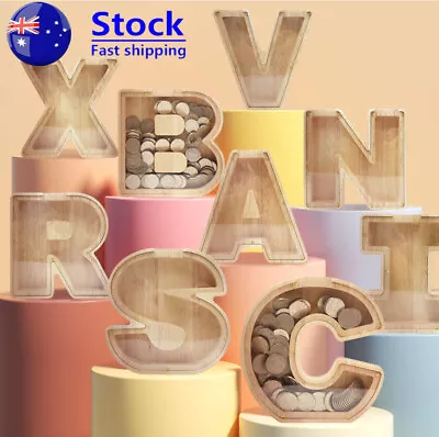Wooden Piggy Bank Funny Letter/Guitar Coin Saving Money Box Kids Adults Gift AUS • $20.99