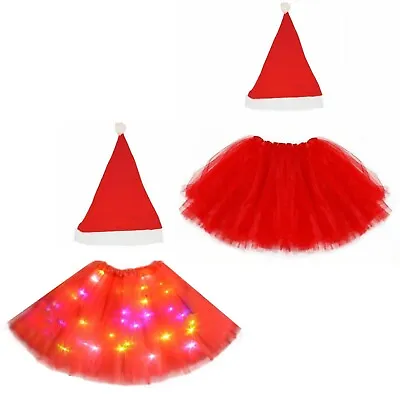 Santa Light Up Tutu Costume Red Ladies Girls Christmas Party Fancy Dress Outfit • £8.69