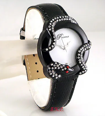 Designer Deco Black Snake Serpent Wag Ladies Leather Watch W/ Swarovski Crystals • $34.95