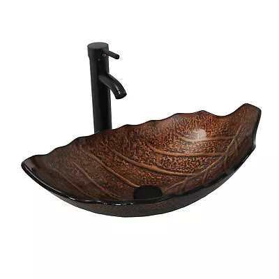 £59.99 • Buy Tempered Glass Countertop Basin Sink Bathroom Wash Bowl Leaf Shape Tap Waste Set