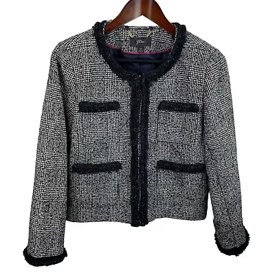 J. Crew Sz 10 Glen Plaid Navy White Braided Trim Crop Tweed Lady Jacket • $69.99