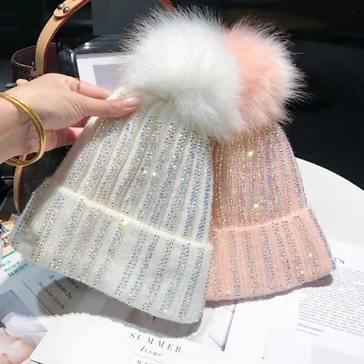 £15.38 • Buy Lady Knit Bobble Hat Thermal Fleece Lined Beanie Ski Cap Rhinestone Pom Pom Ball