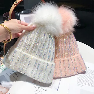 £15.38 • Buy Lady Knit Bobble Hat Thermal Fleece Lined Beanie Ski Cap Rhinestone Pom Pom Ball