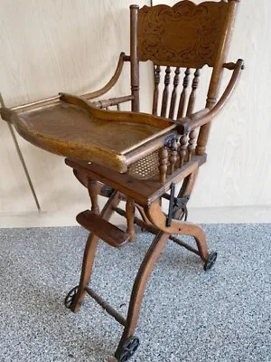 19th Century Oak Wood Convertible Baby High Chair Pressed Back Wheels • $257.40
