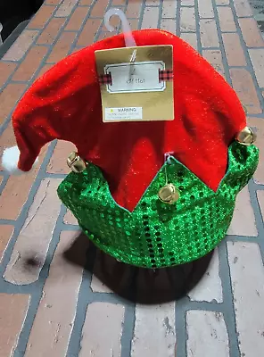 Christmas Elf Hat With Bells And Sequin Cuff   Red And Green With White  Pom Pom • $8.50