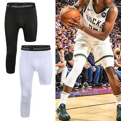 Men's One Leg Compression 3/4 Capri Tights Pants Athletic Basketball Base Layer • £10.68