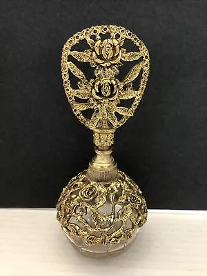 Vintage Irice Perfume Crackle Glass Bottle Rose Ormolu Hollywood Regency Vanity • $54