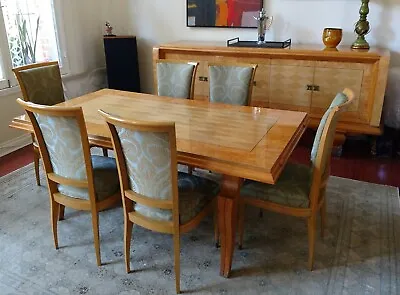 BOFFO 3pc ART DECO BURR MAPLE/ASH DINING SUITE:TABLE/CREDENZA/CHINA CAB+6 CHAIRS • $2700