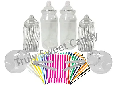 Plastic Sweet Jars X 6 50 Bags 2 Tongs For Sweet Candy Table Wedding Party • £13.24