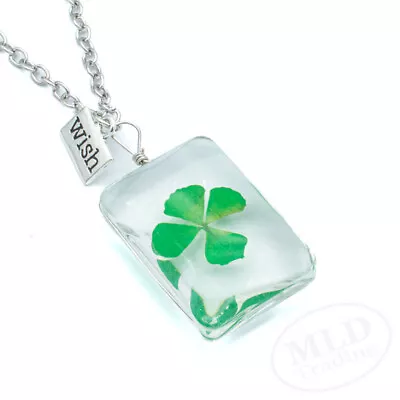 Lucky Four Leaf Clover Shamrock Wish Glass Pendant Necklace For Women St Patrick • $9.99