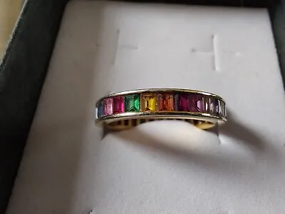 Sterling Silver Gold Plated Rainbow Baguette Cut Full Eternity Ring Size K • £48