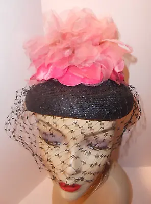 Women's Vintage Hat Marche' Black Netted Floral Pink Top Fashion Accessories • $19.99