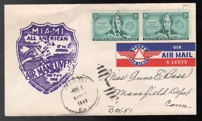 USA Miami 1949 Airmail Cover To Mansfield Ct. Air Maneuvers Delta Airlines Label • $8.98