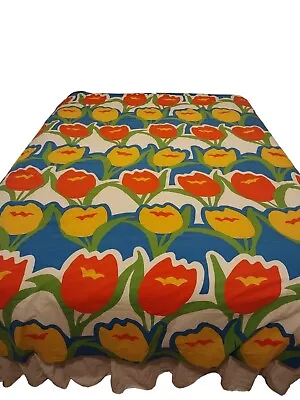 Vintage J.P Stevens Flat Bed Sheet Mod 1960s MCM Tulips Floral Red Blue Yellow • $18.99