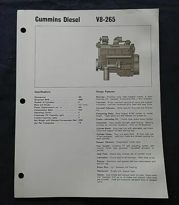 $19.95 • Buy 1966 Genuine Cummins  V8 265 Diesel Engine  Specification Brochure