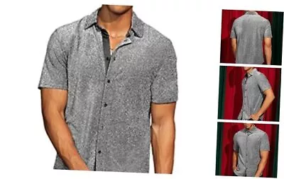  Men's Button Front Short Sleeve Collar Glitter Shirt Large Pure Silver • $39.97