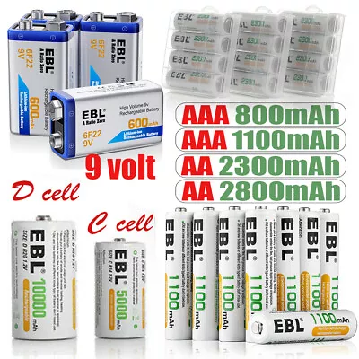 EBL Lot AA AAA C D Size 9V Battery 6F22 Ni-MH/Li-ion Rechargeable Batteries USA • $19.99