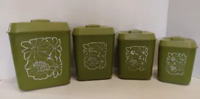 70s Vintage Avocado Green White Flowers Floral Plastic Nesting Canister Set Lids • $30