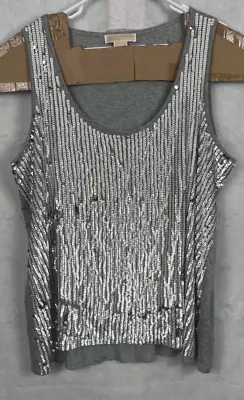 Michael Kors Women 2X Silver Sequin Tank Top Metallic Bling Shirt Metal Logo Big • $16.20