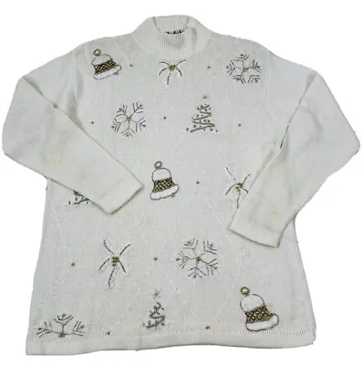 VTG 90s Streetwear Womens Medium Christmas Bells Snowflake Stitched Sweater • $35.59