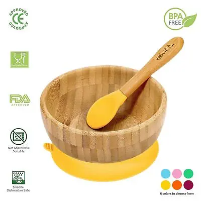 Vinsani Bamboo Bowl And Spoon Set Suction Plate Stay-Put Design • £8.99