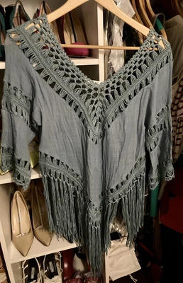 £8.99 • Buy Blue Fringe Crochet Beach Festival Top Size Small