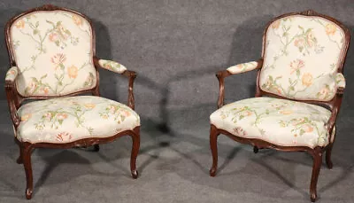 Fine Pair Of French Louis XV Walnut Upholstered Open Bergère Open Armchairs • $2547