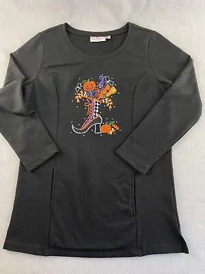 Quacker Factory Halloween Embelished Pullover Top Kangaroo Pocket Black Size S  • $19.88