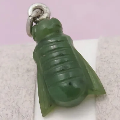 $135 • Buy Antique Victorian FLY Carved Nephrite Jade MINIATURE Tiny Silver Charm Pendant