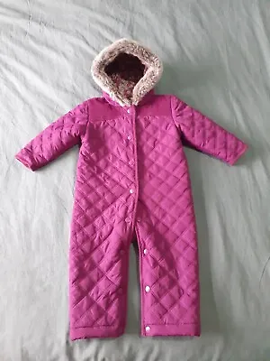 Girls Snowsuit Pramsuit Age 18-24 Months Purple M&S Hooded All In One Warm Coat • £16.50