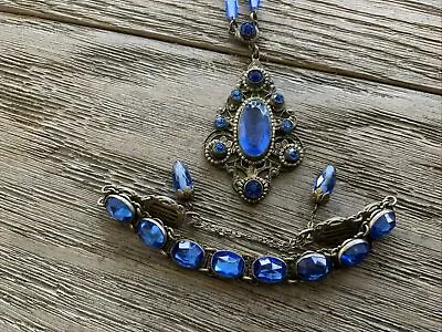 Vtg Czech Necklace & Bracelet Set Bright Blue Oval Bezel Set Brass GORGEOUS!  • $64.69