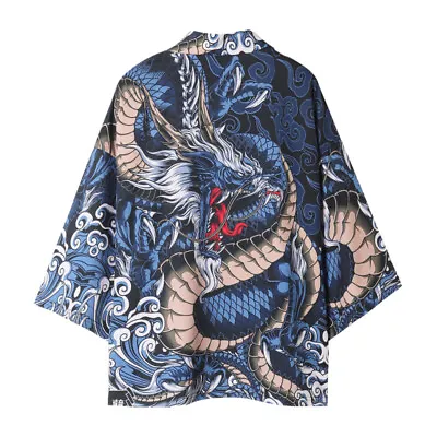 Mens Ethnic Japanese Kimono Retro Crane Dragon Printed Yukata Bathrobe Outwear • £18.65