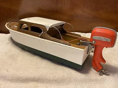 Vintage 1950’s Wood Cabin Cruiser Battery 11” Toy Boat W/Mermaid Outboard Motor • $219.50