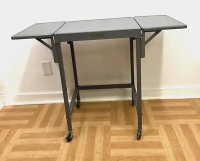 Vintage INDUSTRIAL TYPEWRITER TABLE Drop Leaf Metal Mid Century Gray Plant Stand • $125