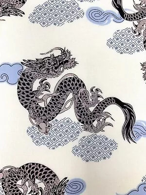 Oriental Dragons Fabric Cream Ivory Blue Cotton Japanese Chinese Asian Style • £11.50