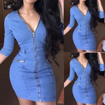 $17.99 • Buy Women V Neck  Mini Dress 3/4 Sleeve Denim Party Slim Bodycon Short Shirt Dresses