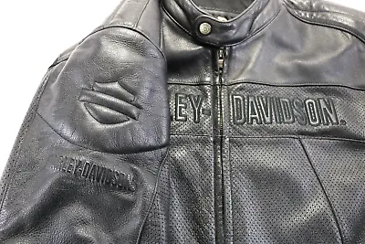 Harley Davidson Mens Jacket 3XL Black Leather Perforated Armor Pockets Bar Zip • $289