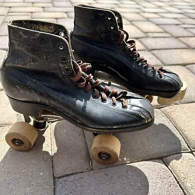 Vintage Hyde Black Leather Roller Skates Men's Wooden Wheels • $19.99