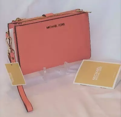 NWT Michael Kors Jet Set Travel Lg Double Zip Wristlet Leather Wallet Sherbert • $69.85