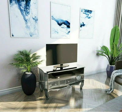 £99.99 • Buy French TV Stand Shabby Chic Silver Mirrored Unit Storage Cabinet Mirror Drawers 