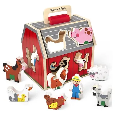 Melissa Doug Wooden Take Along Sorting Barn Toy Flip-Up Roof Handle In NEW • $39.99