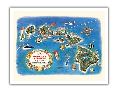 Map Of Hawaii - Hawaiian Airlines Route Map - Vintage Pictorial Map 1963 • $15.98