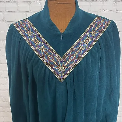 Vtg Vanity Fair Velour Zip Front Robe With Brocade Trim Teal Green Size L • £28.88