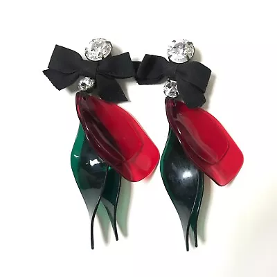 Marni X H&M Red Green Acrylic Prong Set Rhinestone Bow Dangle Clip-On Earrings • $59.99