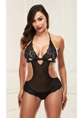New Womens Black Crotchless Open Bottom Lace Halter Top Bodysuit Teddy M/L • $19.99