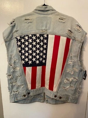 LF Furst Of A Kind Vintage Unisex One Size American Flag Women’s Mens Denim Vest • £235.64