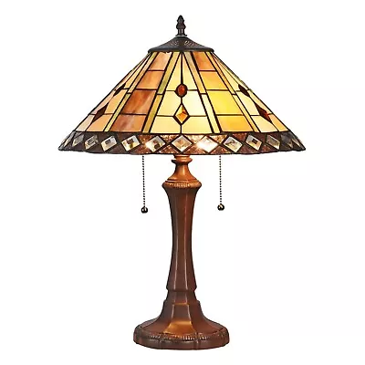 $179.75 • Buy Tiffany Style Mission 2-Lite Table Lamp Brown Yellow Stained Glass Bronze Finish