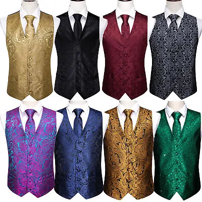 Barry Wang Mens Waistcoat Silk Paisley Floral Solid Vest Tie Set Wedding Casual • £21.99