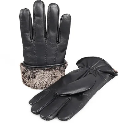 Men's Premium Shearling Sheepskin Fur Lined Leather Gloves Black • $49.99