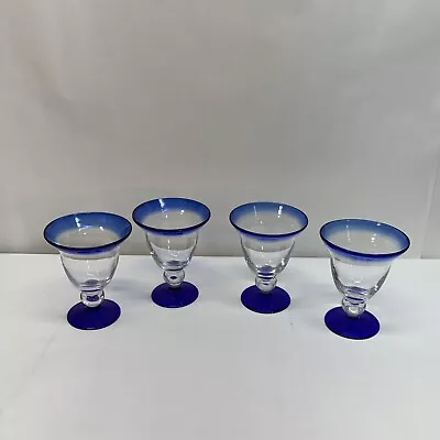 Handblown Mexican Glassware SET OF 4 Margarita Cobalt Blue Clear  Drinks Stemmed • $24.55